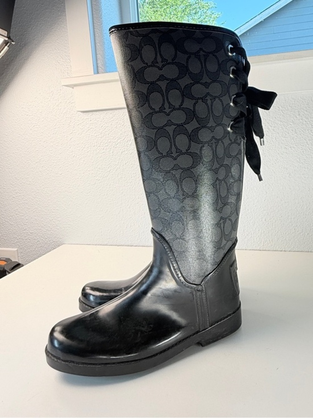 Coach Signature Monogram Tall Rain Boots Black Lace Back Size 8